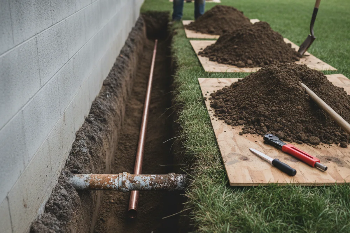 Excavated water line trench during Sewer Line Repair in Sandown